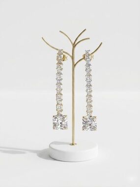 14K Gold Plated Cubic Zirconia Tennis Style Drop Earrings | Prom & Bridal Jewel